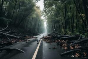 visie van een asfalt weg in de midden- van een Woud met bomen instortend ten gevolge naar een natuurlijk ramp. generatief ai foto