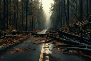 visie van een asfalt weg in de midden- van een Woud met bomen instortend ten gevolge naar een natuurlijk ramp. generatief ai foto