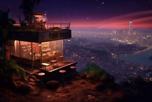 een koffie winkel Aan een heuvel met keer bekeken van stedelijk lichten Bij nacht. generatief ai foto