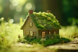 eco vriendelijk huis in mos in de tuin. miniatuur houten huis in voorjaar gras. huis in zonnig gras. generatief ai foto