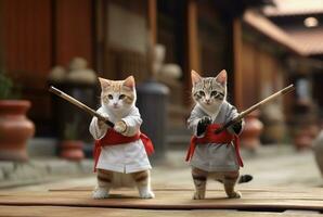 een paar- van katten vervelend krijgshaftig schild. is beoefenen krijgshaftig kunsten kung fu door spelen stok. generatief ai foto