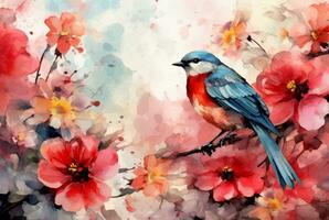 mooi bloemen en vogelstand met aquarellen. generatief ai foto