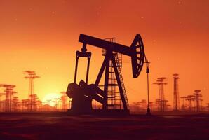 ruw olie jaknikker tuigage Aan woestijn silhouet in avond zonsondergang, energie industrieel machine voor petroleum gas- productie achtergrond. generatief ai foto
