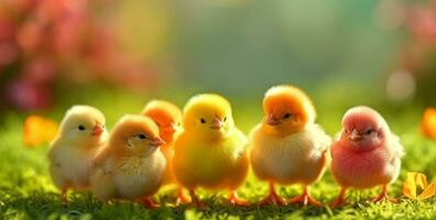 een groep van schattig kuikens in een groen gras tuin met wazig zon licht achtergrond. generatief ai foto