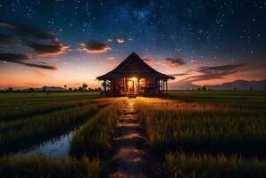 landschap visie van een hut in de midden- van een rijst- veld- met een melkachtig manier. lang blootstelling fotografie. generatief ai foto