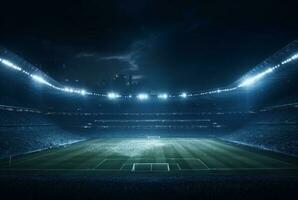 stadion in lichten Bij nacht. glimmend lichten, visie van veld. generatief ai foto