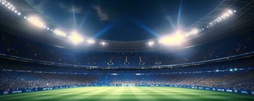 stadion in lichten Bij nacht. glimmend lichten, visie van veld. generatief ai foto