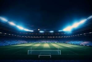 stadion in lichten Bij nacht. glimmend lichten, visie van veld. generatief ai foto