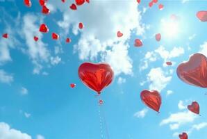 rood liefde ballonnen in de lucht tegen een blauw lucht. generatief ai foto