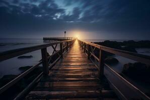 houten brug met de schoonheid van de strand, lang blootstelling. generatief ai foto