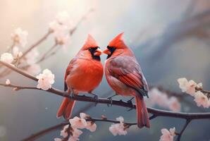 romantisch koppelen van kardinalen vogelstand Aan een Afdeling. generatief ai foto