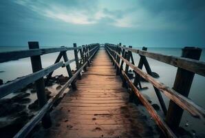 houten brug met de schoonheid van de strand, lang blootstelling. generatief ai foto