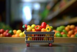 miniatuur boodschappen doen kar met wielen gevulde met vers fruit Aan houten tafel met wazig achtergrond in supermarkt. generatief ai foto