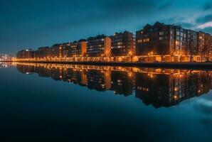 visie van stad van aan de overkant rivier- met reflectie, lang blootstelling. generatief ai foto