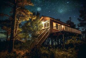 boom huis met een mooi visie van de lucht Bij nacht. generatief ai foto