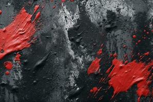 zwart cement structuur achtergrond met rood waterverf druppelt of spatten. generatief ai foto