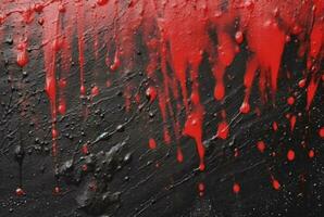 zwart cement structuur achtergrond met rood waterverf druppelt of spatten. generatief ai foto