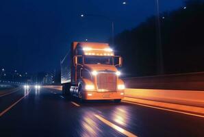 vrachtauto het rijden Aan snelweg Bij nacht, wazig beweging snelheid auto lichten. ai generatief foto