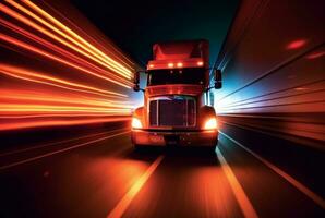vrachtauto het rijden Aan snelweg Bij nacht, wazig beweging snelheid auto lichten. ai generatief foto