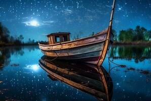 houten boot Aan de rivier- met de schoonheid van de nacht lucht. ai generatief foto