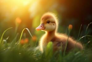 schattig eendjes in de tuin met wazig achtergrond en zonlicht. generatief ai foto