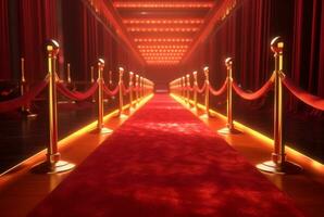 rood tapijt gang met belemmeringen en rood touwen voor bioscoop en mode onderscheidingen, een ceremonie voor beroemdheden personen. generatief ai foto