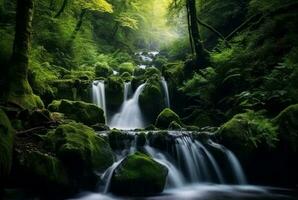 mooi waterval in de groen Woud. generatief ai foto