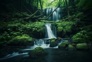 mooi waterval in de groen Woud. generatief ai foto