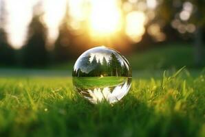 de glas bal Aan de groen gras weerspiegeld natuur landschap. generatief ai foto