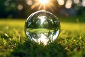 de glas bal Aan de groen gras weerspiegeld natuur landschap. generatief ai foto
