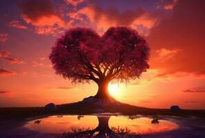 hart vormig boom met mooi zonsondergang. generatief ai foto
