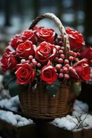 besneeuwd rood rozen en bessen in een rustiek houten mand foto