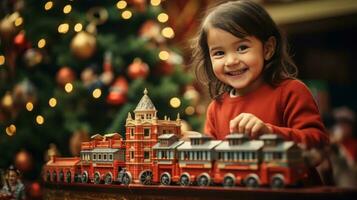 kind Toneelstukken met speelgoed- trein zitten onder christma boom foto