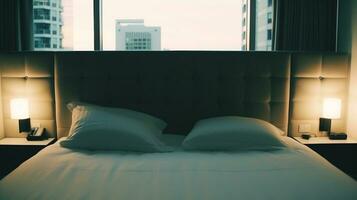 romantisch terugtrekken knus slaapkamer met kingsize getuft bed en zacht verlichting, generatief ai foto