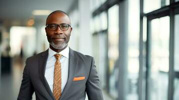 zelfverzekerd en elegant Afrikaanse Amerikaans zakenman de zakelijke Look, ai generatief foto