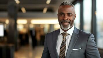 zelfverzekerd en elegant Afrikaanse Amerikaans zakenman de zakelijke Look, ai generatief foto