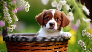 generatief ai, puppy liefde een schattig pup poses in een mand temidden van een bloemen paradijs foto