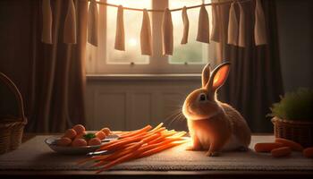 generatief ai, konijn gelukzaligheid een huisdier konijn hapjes Aan wortels in een knus binnen- veilige haven foto