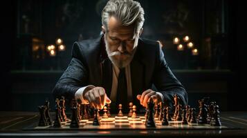een fotograaf met een zakenman strategisch in beweging een schaak stuk Aan een bord spel foto