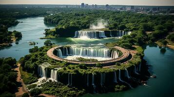 trapsgewijs majesteit antenne exploratie van een beroemd waterval, generatief ai foto