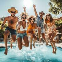 een groep van vrienden jumping in de zwembad, gevangen genomen in in de lucht foto