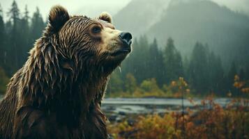 majestueus grizzly beer roamen in de betoverend Woud, ai generatief foto