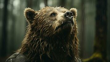 majestueus grizzly beer roamen in de betoverend Woud, ai generatief foto