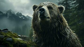 majestueus grizzly beer roamen in de betoverend Woud, ai generatief foto