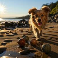 speels schaduw van hond achtervolgen bal Aan zonnig strand foto