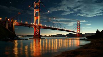 lichtgevend reflecties 's nachts gloed van een beroemd brug, generatief ai foto