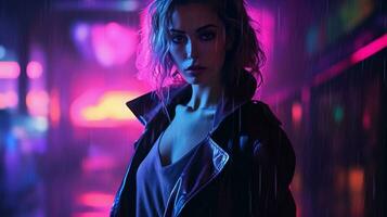 raadselachtig elegantie neon noir vrouw fataal, ai generatief foto