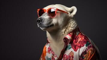 polair beer in hawaiiaans overhemd en zonnebril voor de helft lichaam, ai generatief foto