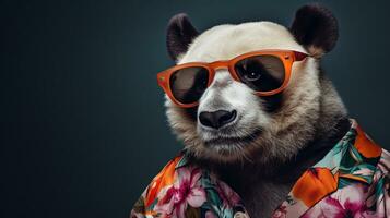 panda in hawaiiaans overhemd en zonnebril voor de helft lichaam fotoshoot, ai generatief foto