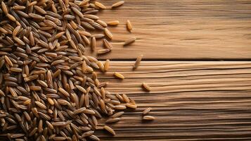 de essence van wild rijst- graan Aan houten achtergrond, ai generatief foto